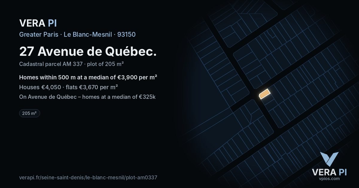 27 Avenue de Québec, Le Blanc-Mesnil at night – the plot lit, the parcels around coloured by the prices near them
