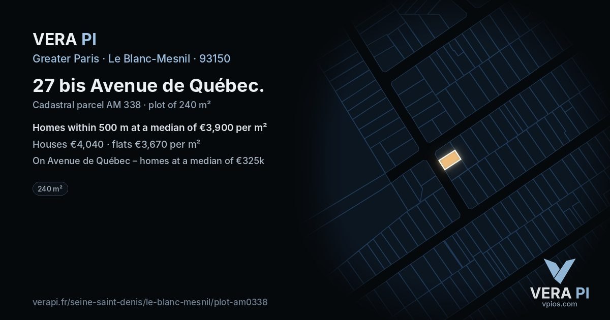 27 bis Avenue de Québec, Le Blanc-Mesnil at night – the plot lit, the parcels around coloured by the prices near them