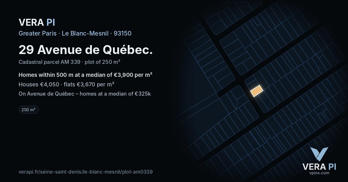 29 Avenue de Québec, Le Blanc-Mesnil at night – the plot lit, the parcels around coloured by the prices near them