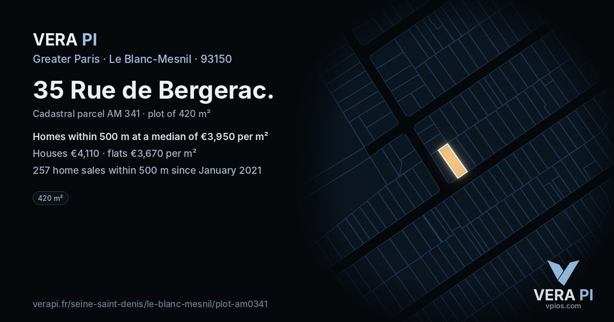 35 Rue de Bergerac, Le Blanc-Mesnil at night – the plot lit, the parcels around coloured by the prices near them