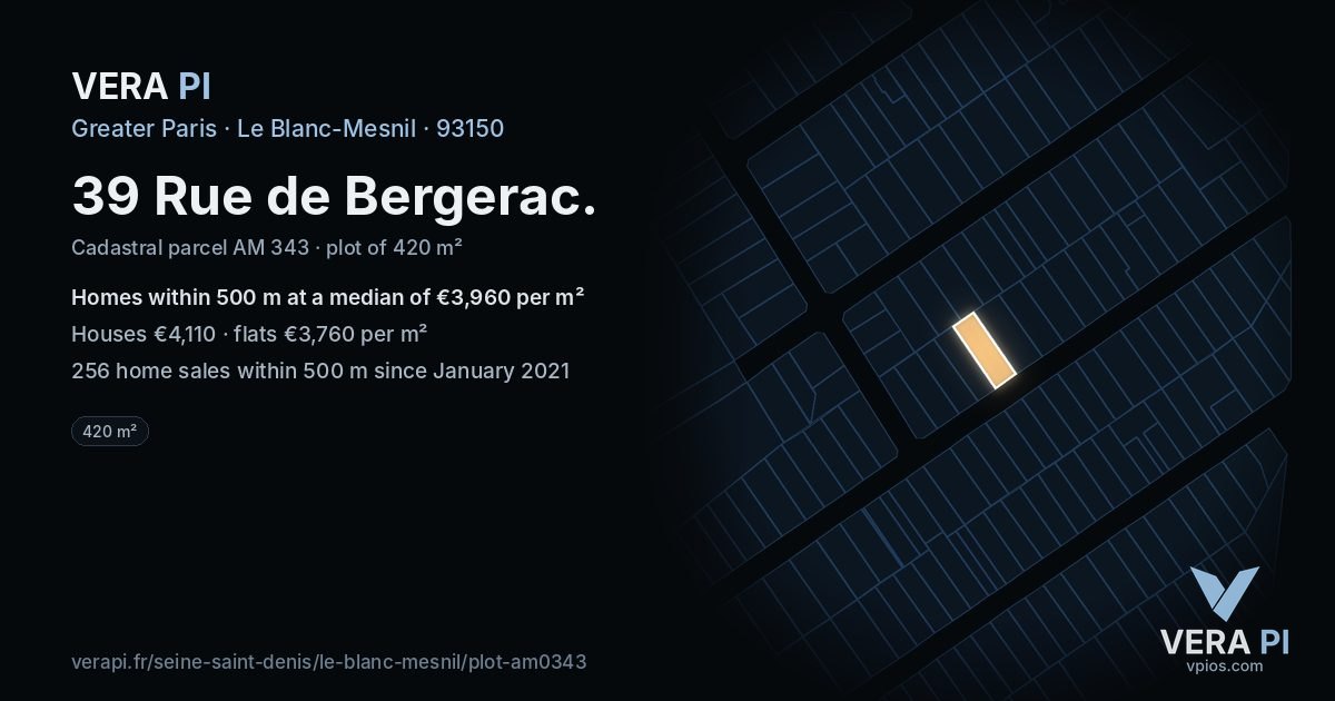 39 Rue de Bergerac, Le Blanc-Mesnil at night – the plot lit, the parcels around coloured by the prices near them