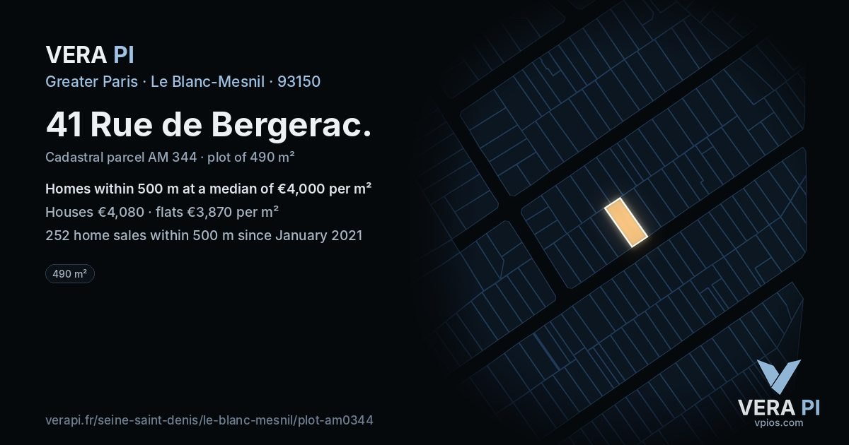 41 Rue de Bergerac, Le Blanc-Mesnil at night – the plot lit, the parcels around coloured by the prices near them