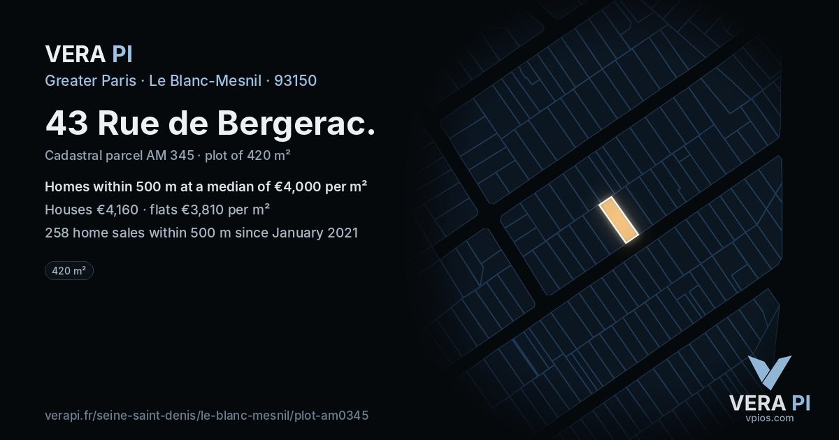 43 Rue de Bergerac, Le Blanc-Mesnil at night – the plot lit, the parcels around coloured by the prices near them