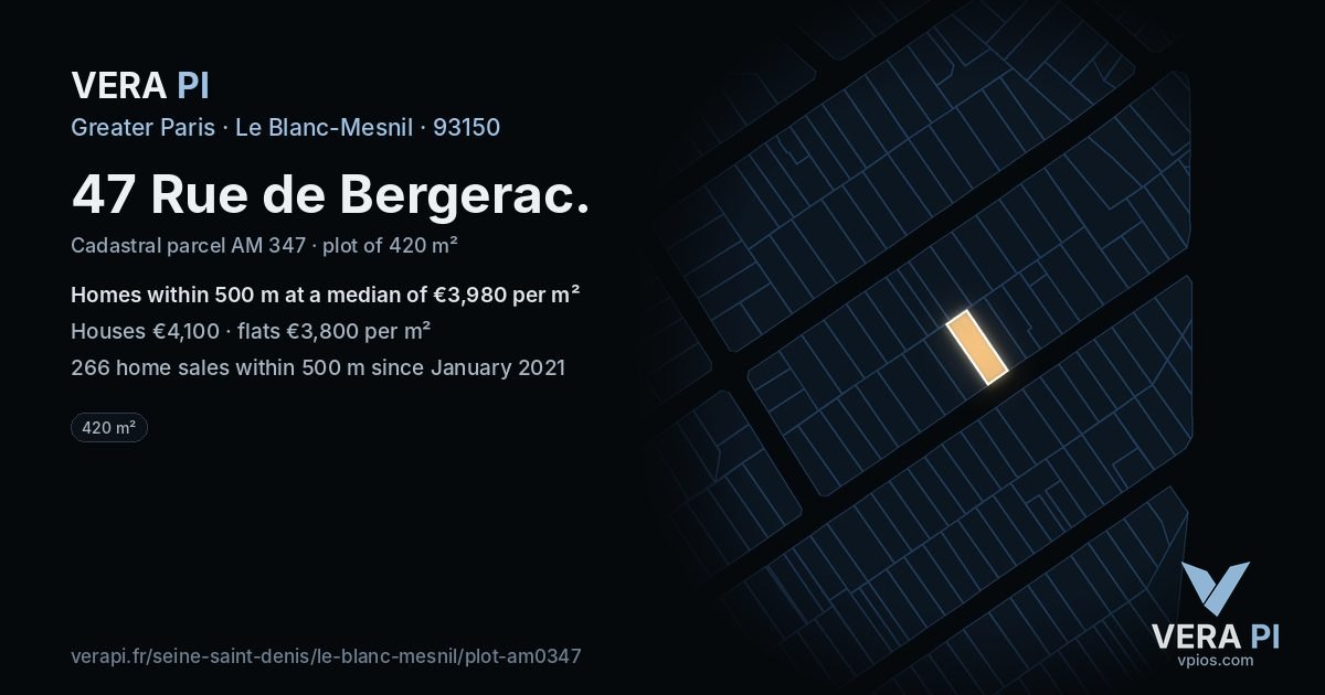 47 Rue de Bergerac, Le Blanc-Mesnil at night – the plot lit, the parcels around coloured by the prices near them