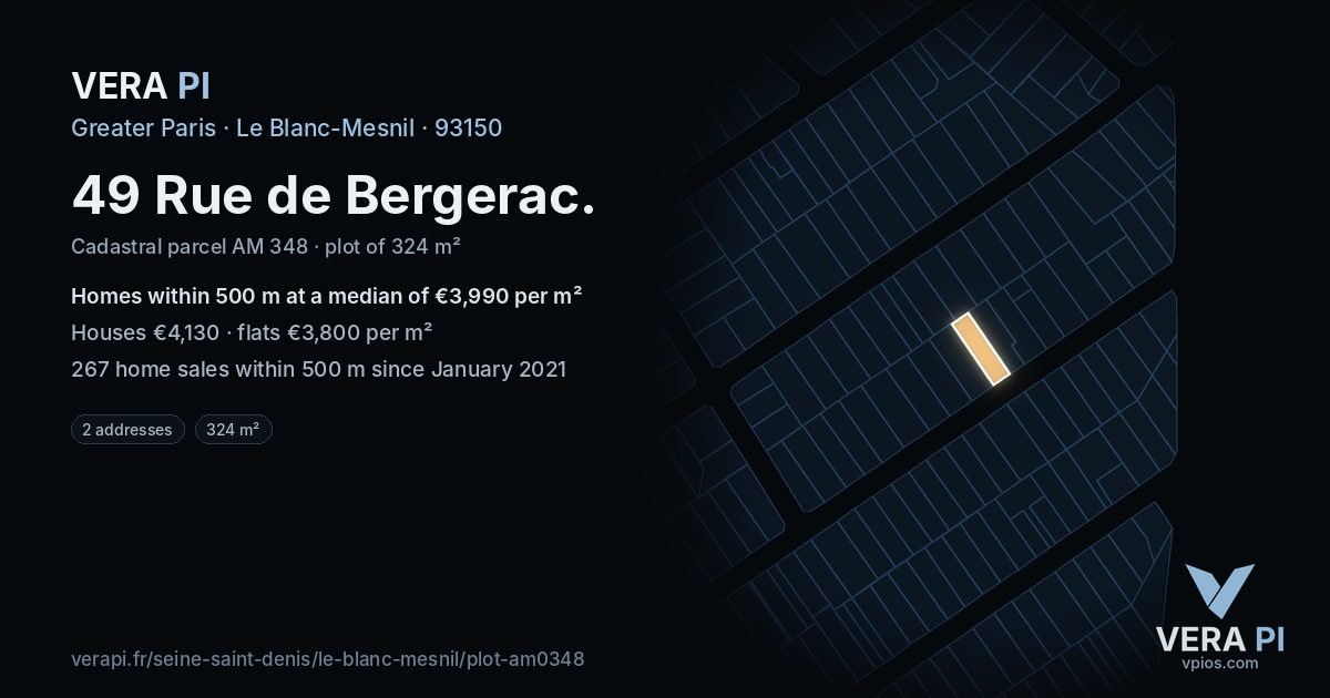 49 Rue de Bergerac, Le Blanc-Mesnil at night – the plot lit, the parcels around coloured by the prices near them