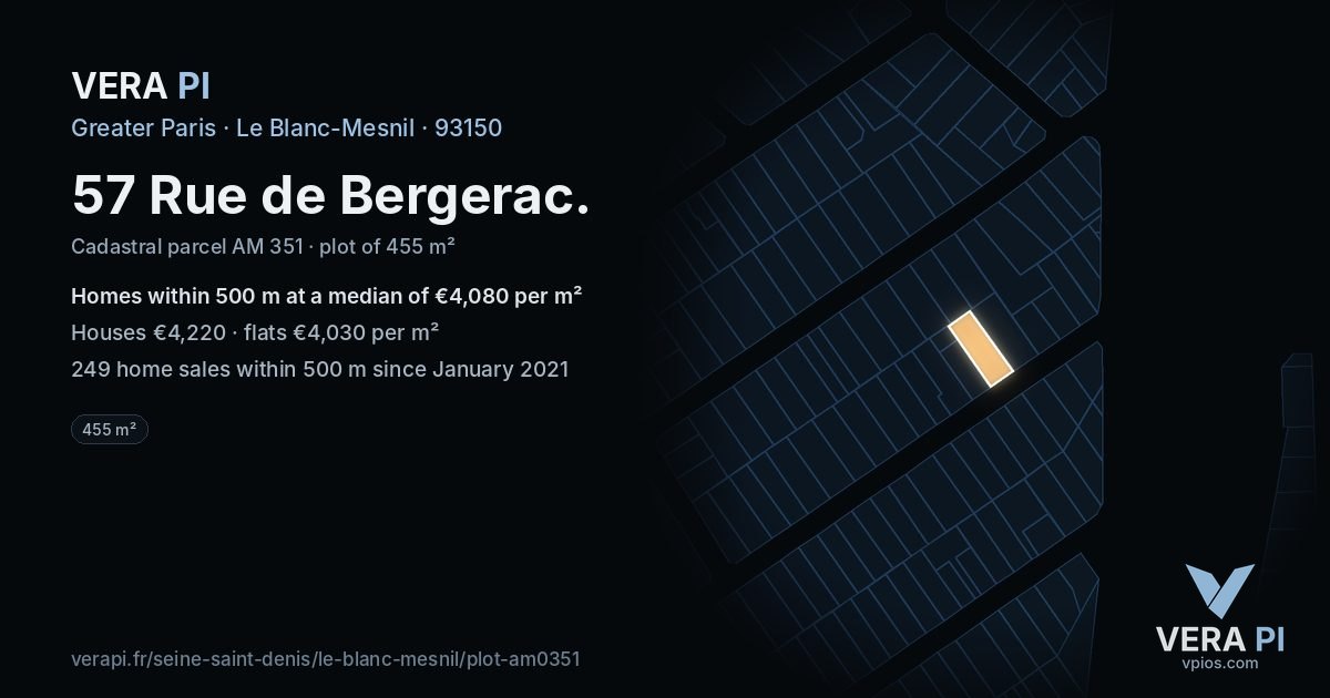 57 Rue de Bergerac, Le Blanc-Mesnil at night – the plot lit, the parcels around coloured by the prices near them