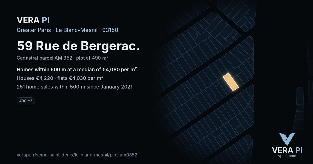 59 Rue de Bergerac, Le Blanc-Mesnil at night – the plot lit, the parcels around coloured by the prices near them