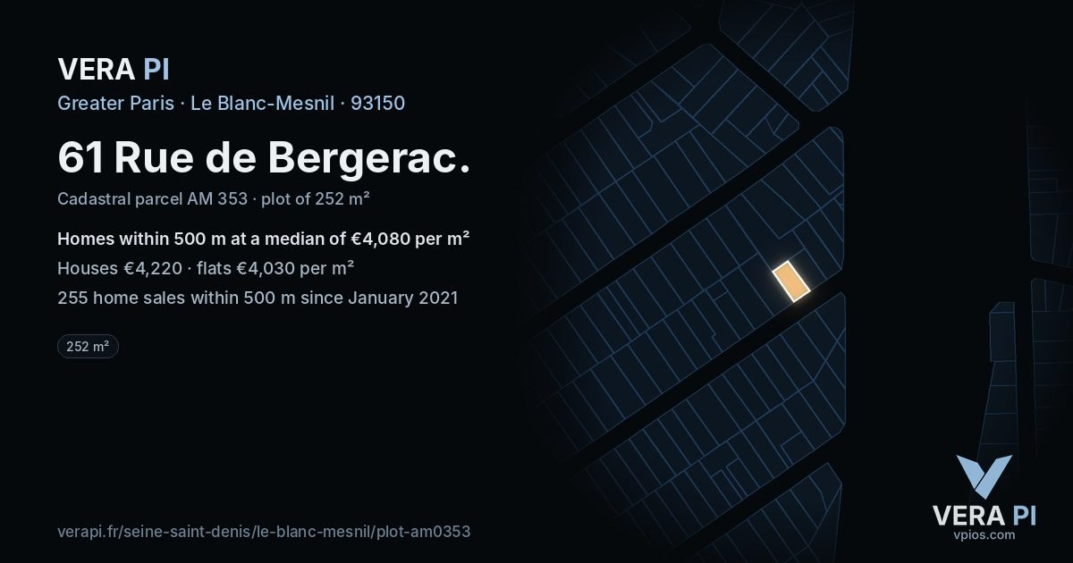 61 Rue de Bergerac, Le Blanc-Mesnil at night – the plot lit, the parcels around coloured by the prices near them