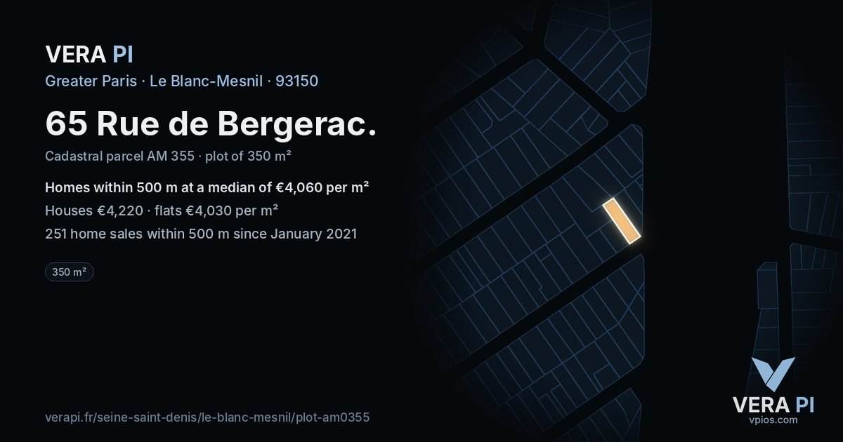 65 Rue de Bergerac, Le Blanc-Mesnil at night – the plot lit, the parcels around coloured by the prices near them