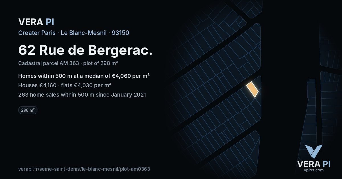 62 Rue de Bergerac, Le Blanc-Mesnil at night – the plot lit, the parcels around coloured by the prices near them