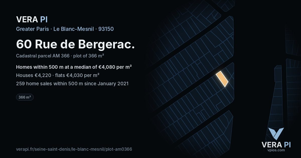 60 Rue de Bergerac, Le Blanc-Mesnil at night – the plot lit, the parcels around coloured by the prices near them