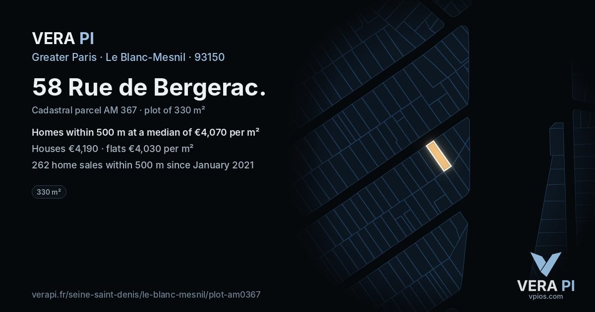 58 Rue de Bergerac, Le Blanc-Mesnil at night – the plot lit, the parcels around coloured by the prices near them