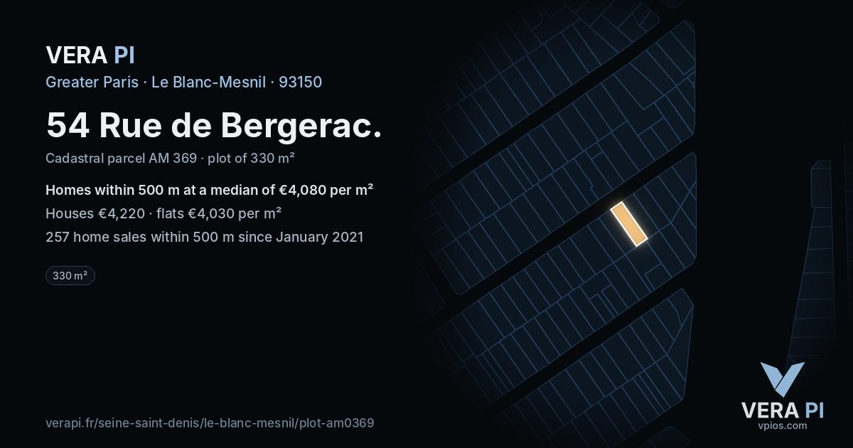 54 Rue de Bergerac, Le Blanc-Mesnil at night – the plot lit, the parcels around coloured by the prices near them
