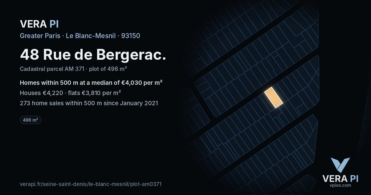48 Rue de Bergerac, Le Blanc-Mesnil at night – the plot lit, the parcels around coloured by the prices near them