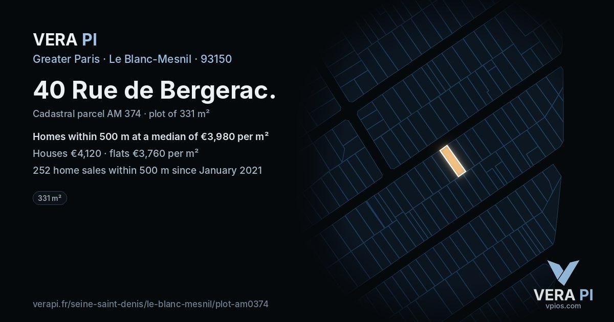 40 Rue de Bergerac, Le Blanc-Mesnil at night – the plot lit, the parcels around coloured by the prices near them