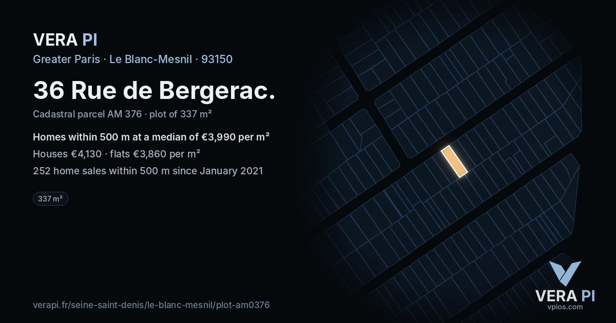 36 Rue de Bergerac, Le Blanc-Mesnil at night – the plot lit, the parcels around coloured by the prices near them