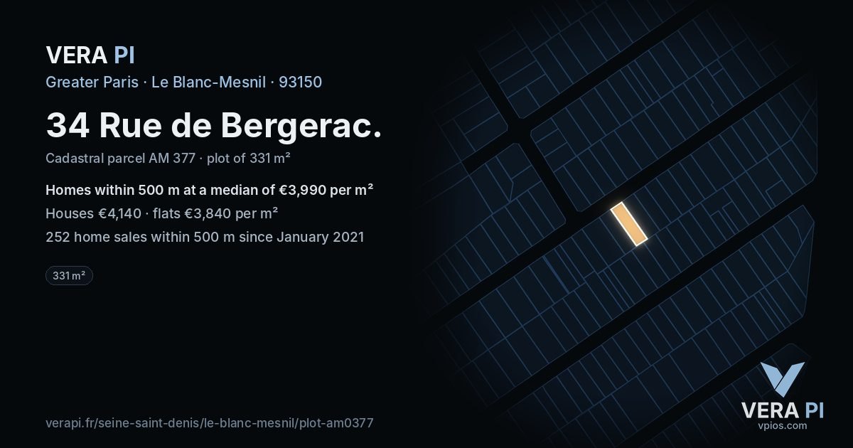 34 Rue de Bergerac, Le Blanc-Mesnil at night – the plot lit, the parcels around coloured by the prices near them