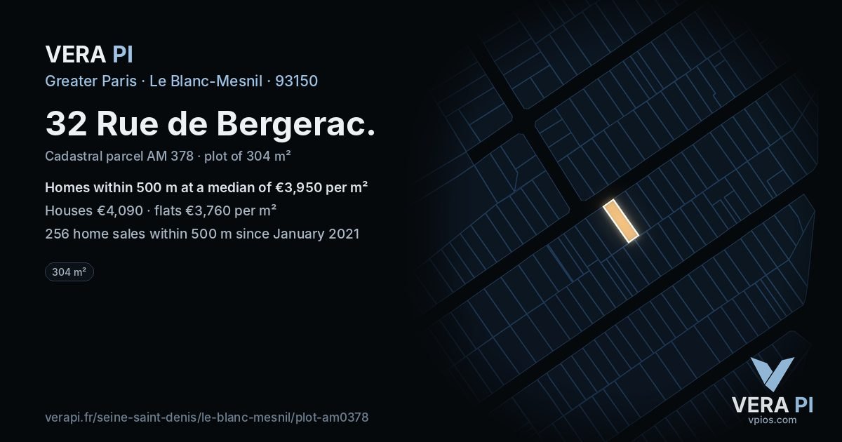 32 Rue de Bergerac, Le Blanc-Mesnil at night – the plot lit, the parcels around coloured by the prices near them