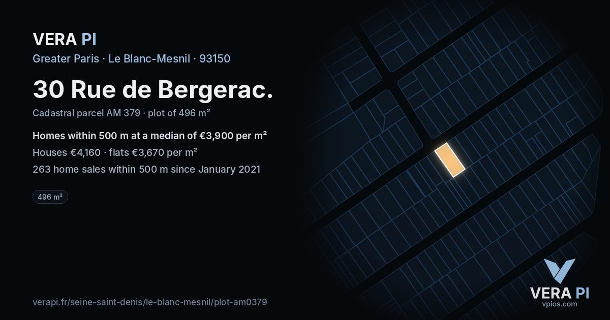 30 Rue de Bergerac, Le Blanc-Mesnil at night – the plot lit, the parcels around coloured by the prices near them