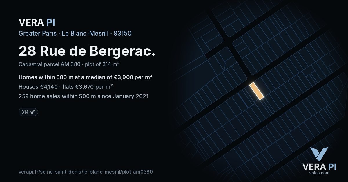 28 Rue de Bergerac, Le Blanc-Mesnil at night – the plot lit, the parcels around coloured by the prices near them