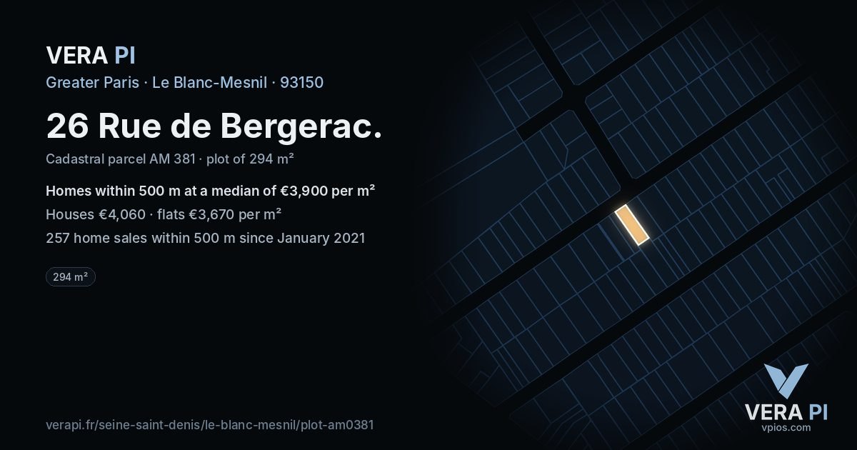 26 Rue de Bergerac, Le Blanc-Mesnil at night – the plot lit, the parcels around coloured by the prices near them