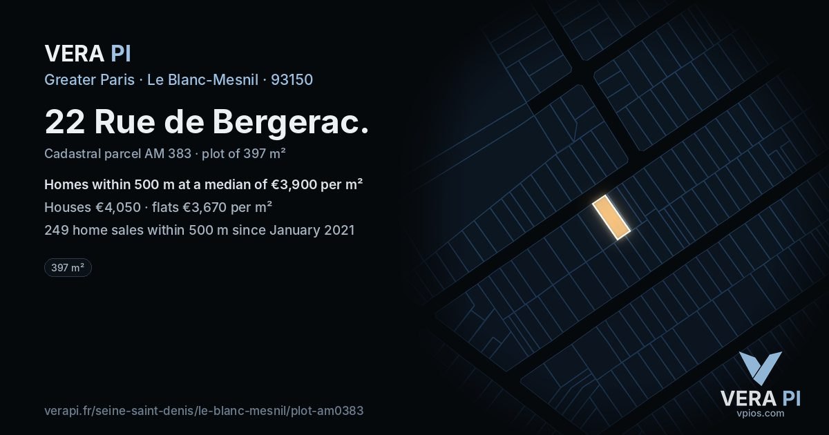 22 Rue de Bergerac, Le Blanc-Mesnil at night – the plot lit, the parcels around coloured by the prices near them