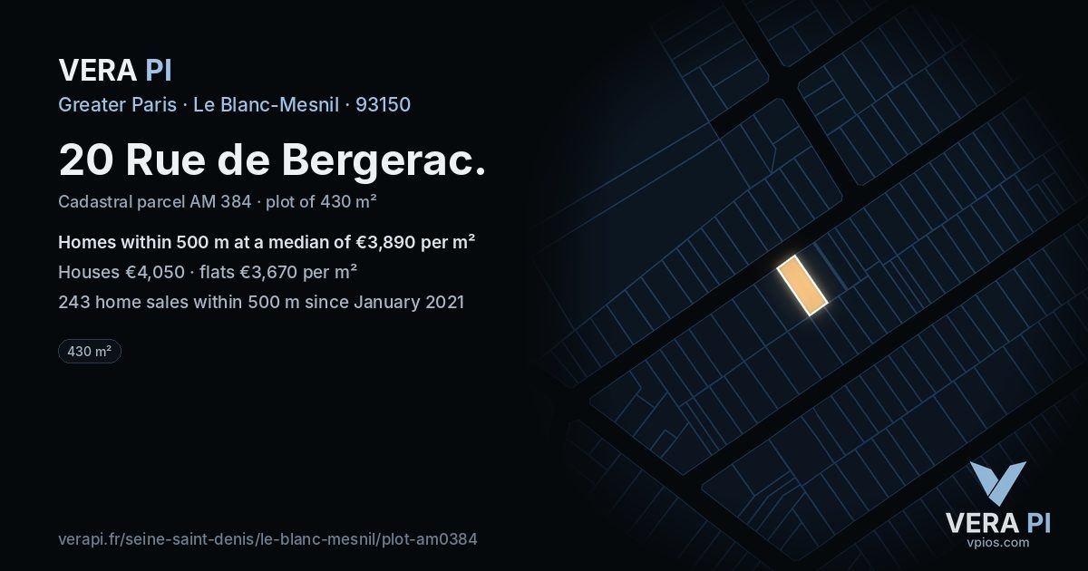 20 Rue de Bergerac, Le Blanc-Mesnil at night – the plot lit, the parcels around coloured by the prices near them