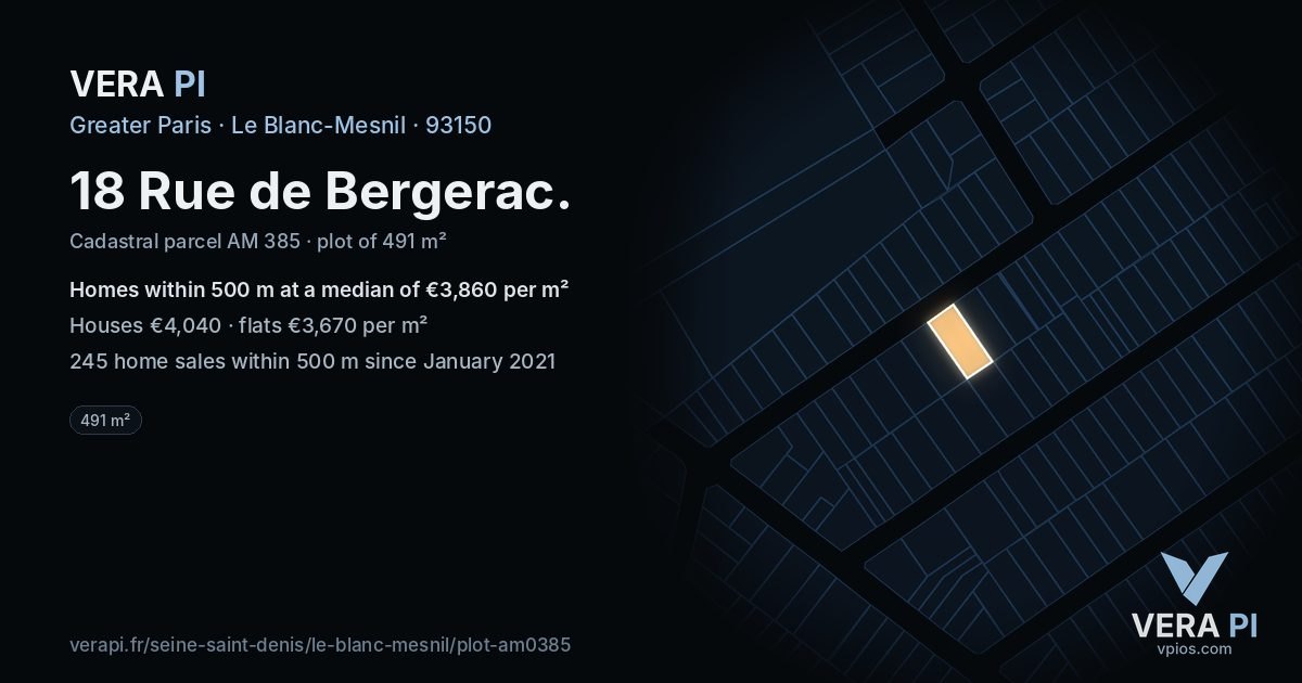 18 Rue de Bergerac, Le Blanc-Mesnil at night – the plot lit, the parcels around coloured by the prices near them
