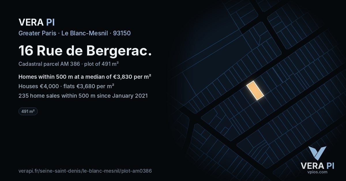 16 Rue de Bergerac, Le Blanc-Mesnil at night – the plot lit, the parcels around coloured by the prices near them