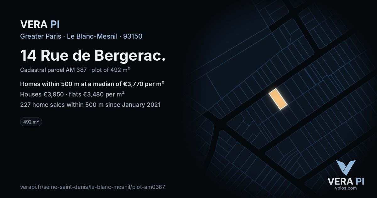 14 Rue de Bergerac, Le Blanc-Mesnil at night – the plot lit, the parcels around coloured by the prices near them
