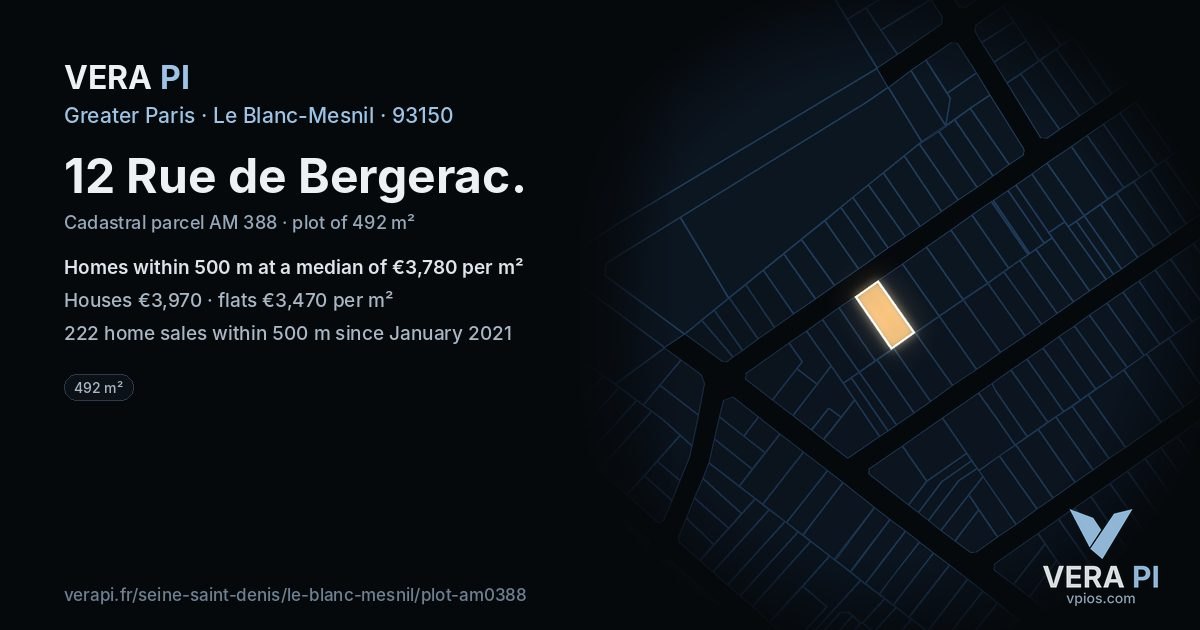 12 Rue de Bergerac, Le Blanc-Mesnil at night – the plot lit, the parcels around coloured by the prices near them