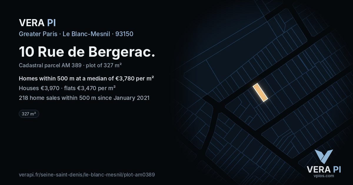 10 Rue de Bergerac, Le Blanc-Mesnil at night – the plot lit, the parcels around coloured by the prices near them