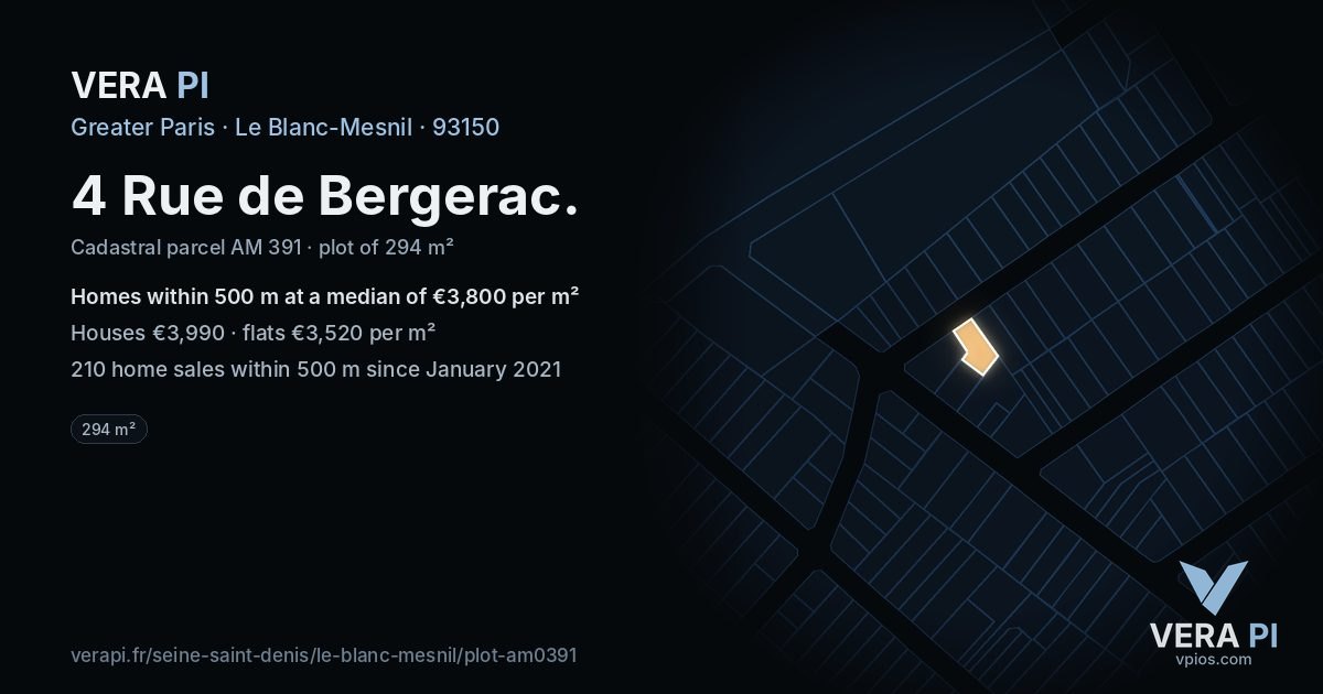 4 Rue de Bergerac, Le Blanc-Mesnil at night – the plot lit, the parcels around coloured by the prices near them