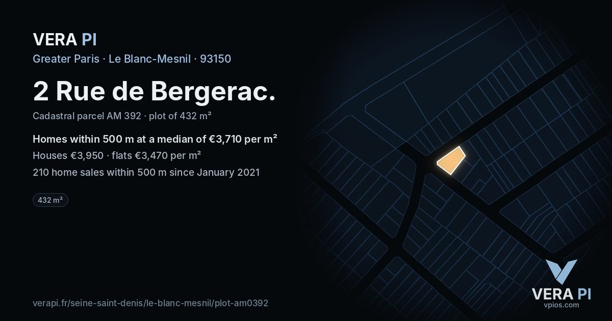 2 Rue de Bergerac, Le Blanc-Mesnil at night – the plot lit, the parcels around coloured by the prices near them