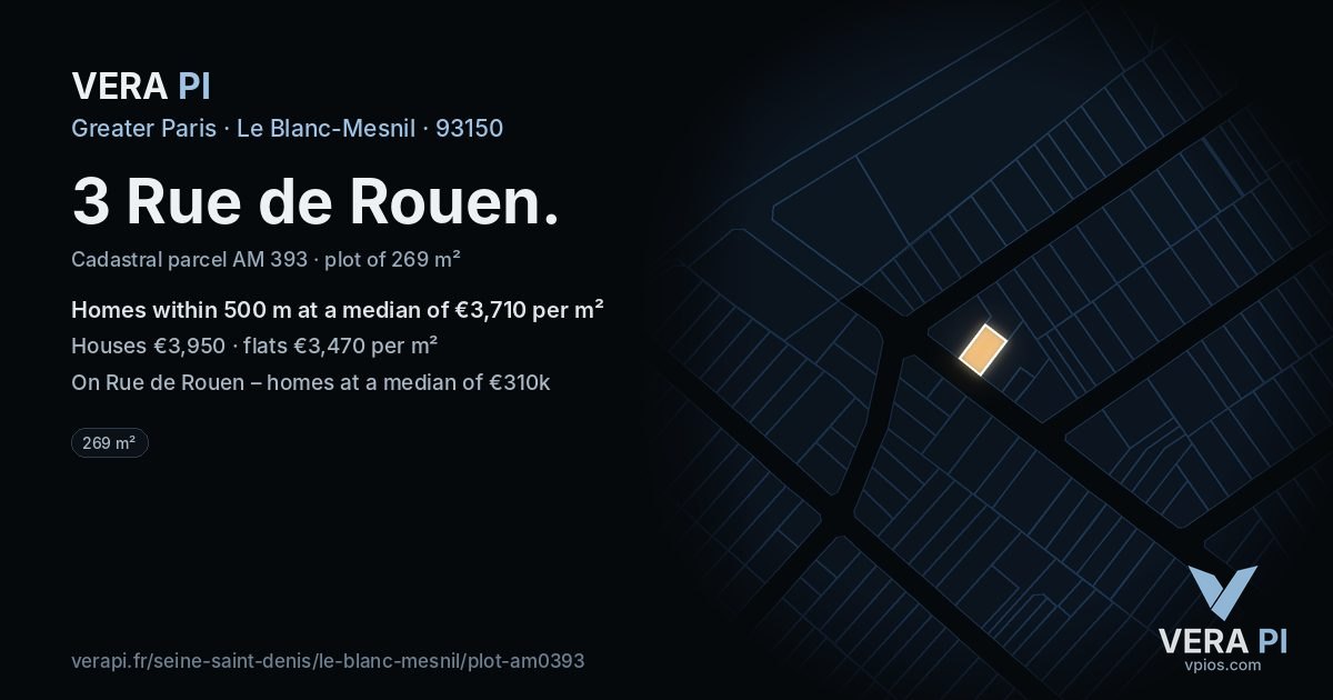 3 Rue de Rouen, Le Blanc-Mesnil at night – the plot lit, the parcels around coloured by the prices near them