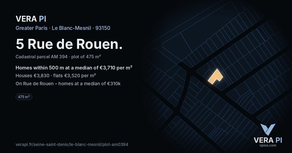 5 Rue de Rouen, Le Blanc-Mesnil at night – the plot lit, the parcels around coloured by the prices near them