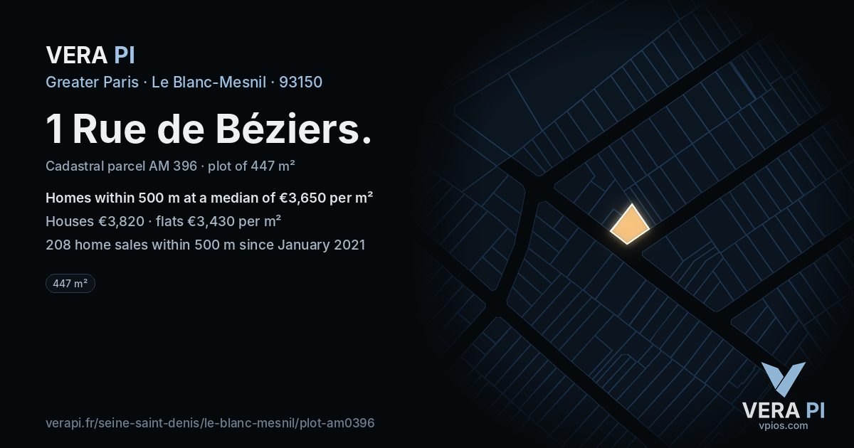 1 Rue de Béziers, Le Blanc-Mesnil at night – the plot lit, the parcels around coloured by the prices near them