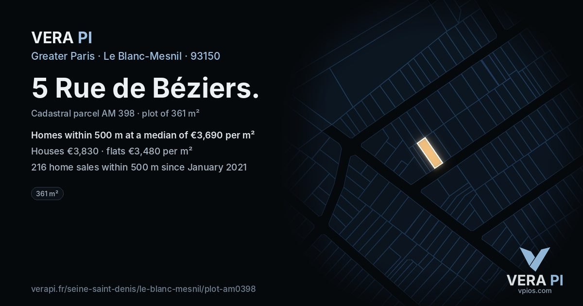 5 Rue de Béziers, Le Blanc-Mesnil at night – the plot lit, the parcels around coloured by the prices near them