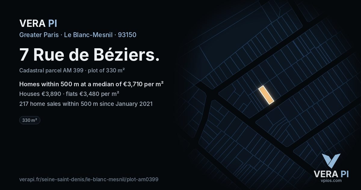 7 Rue de Béziers, Le Blanc-Mesnil at night – the plot lit, the parcels around coloured by the prices near them