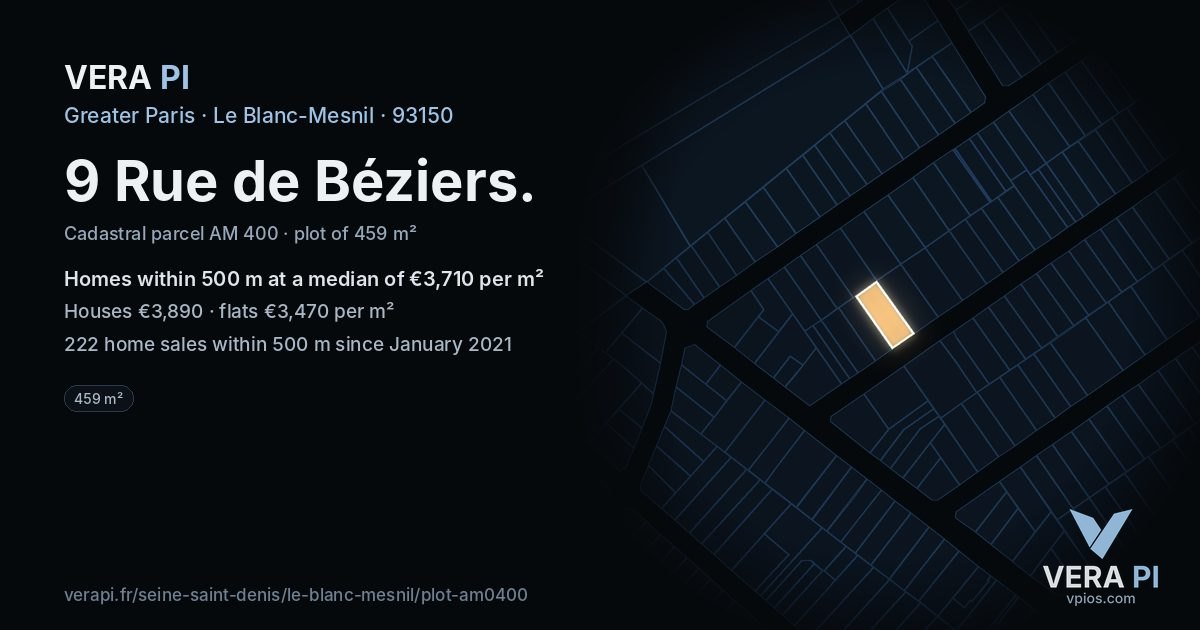 9 Rue de Béziers, Le Blanc-Mesnil at night – the plot lit, the parcels around coloured by the prices near them