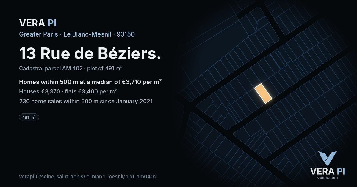 13 Rue de Béziers, Le Blanc-Mesnil at night – the plot lit, the parcels around coloured by the prices near them
