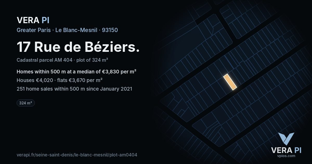 17 Rue de Béziers, Le Blanc-Mesnil at night – the plot lit, the parcels around coloured by the prices near them