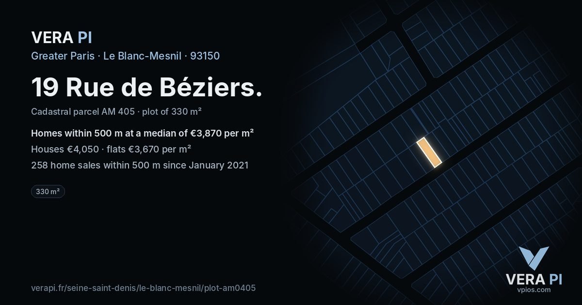 19 Rue de Béziers, Le Blanc-Mesnil at night – the plot lit, the parcels around coloured by the prices near them