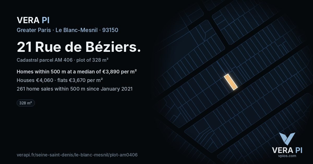 21 Rue de Béziers, Le Blanc-Mesnil at night – the plot lit, the parcels around coloured by the prices near them
