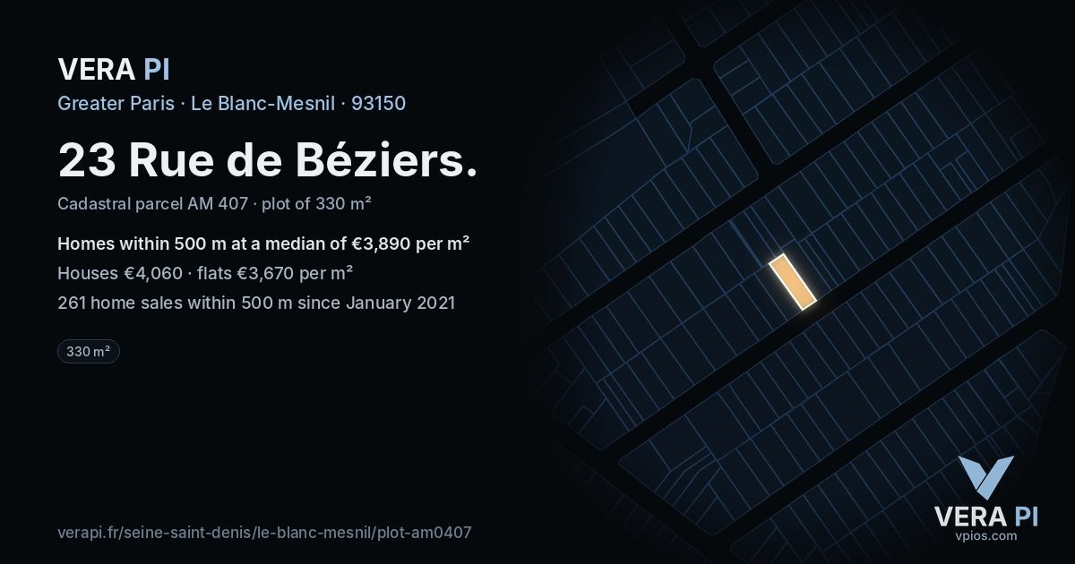 23 Rue de Béziers, Le Blanc-Mesnil at night – the plot lit, the parcels around coloured by the prices near them
