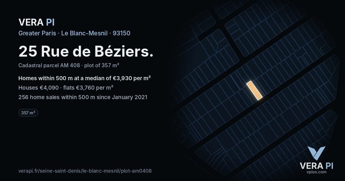 25 Rue de Béziers, Le Blanc-Mesnil at night – the plot lit, the parcels around coloured by the prices near them