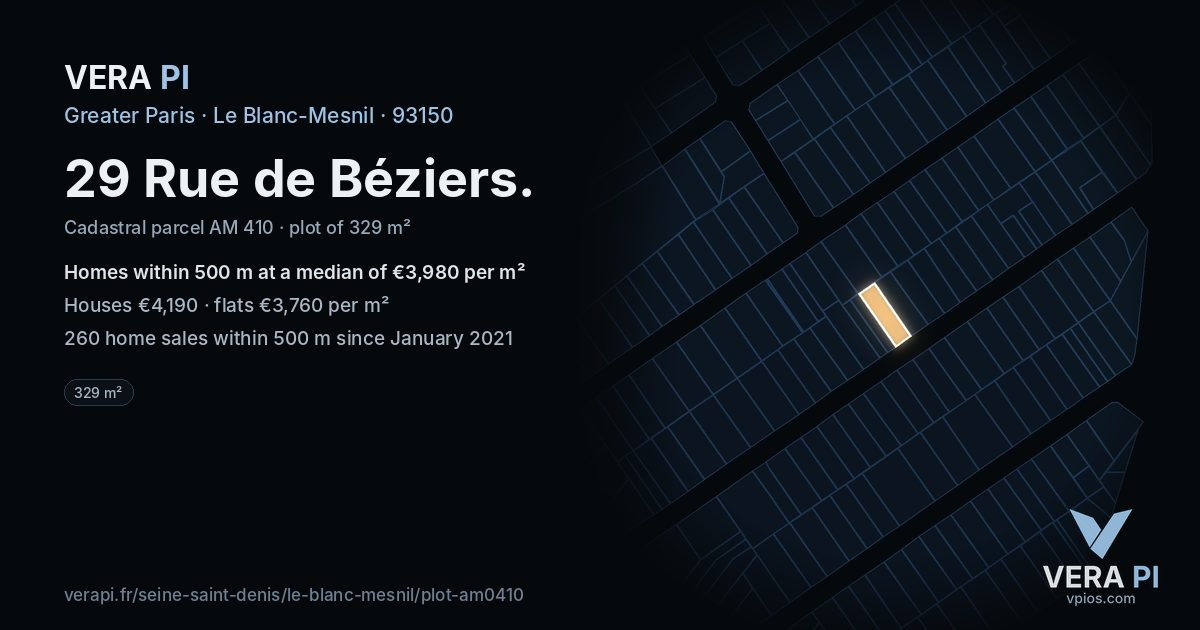 29 Rue de Béziers, Le Blanc-Mesnil at night – the plot lit, the parcels around coloured by the prices near them