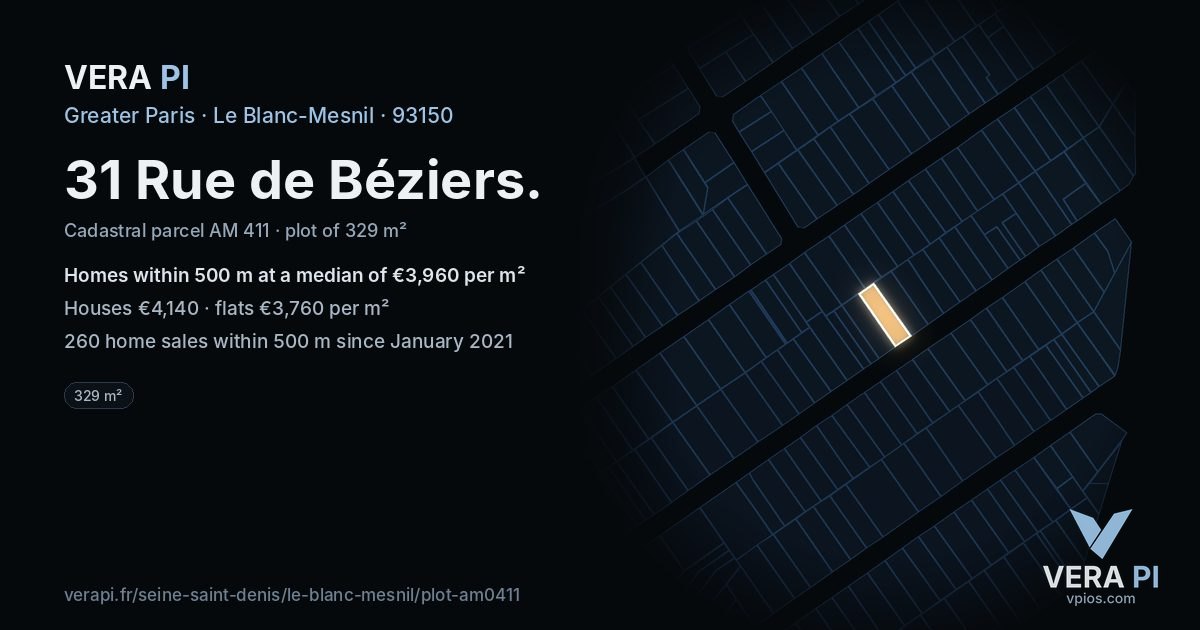 31 Rue de Béziers, Le Blanc-Mesnil at night – the plot lit, the parcels around coloured by the prices near them