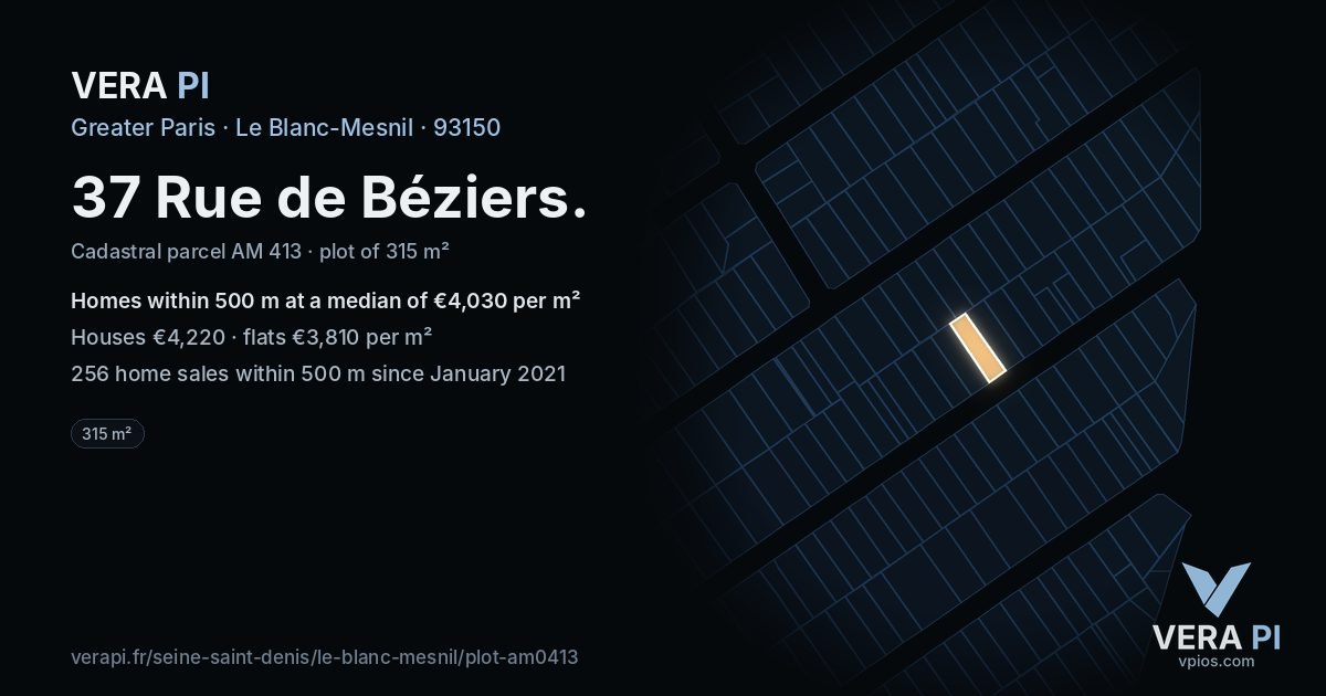 37 Rue de Béziers, Le Blanc-Mesnil at night – the plot lit, the parcels around coloured by the prices near them