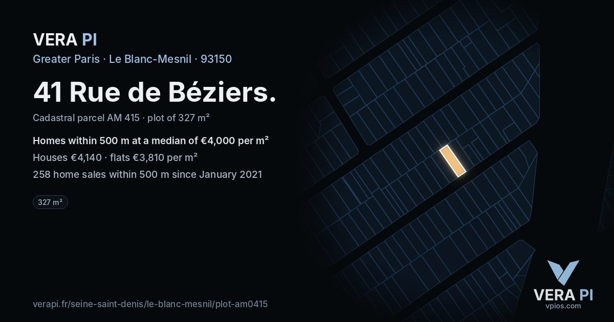 41 Rue de Béziers, Le Blanc-Mesnil at night – the plot lit, the parcels around coloured by the prices near them